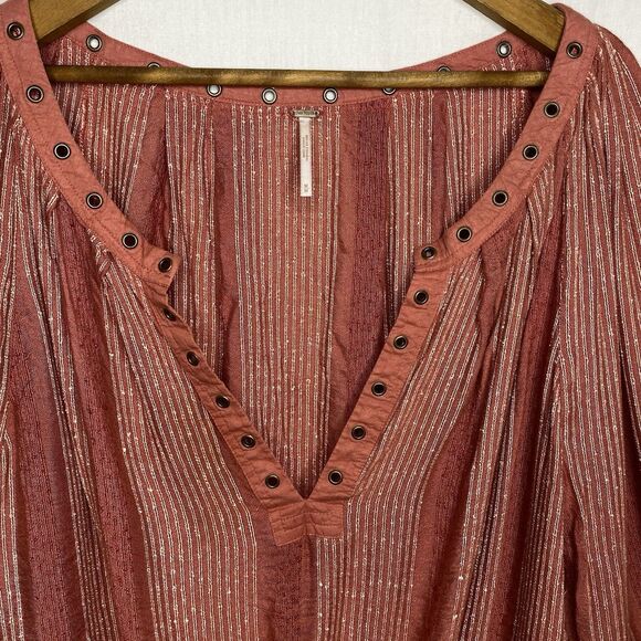 FREE PEOPLE Blouse V-Neck Rivets Tied Front Long Sleeve Boho Chic Womens M Red - Picture 9 of 10